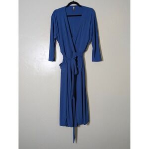 KOH KOH Wrap Dress Size 3 Large Blue Midi Stretch Long Sleeve Tie Waist